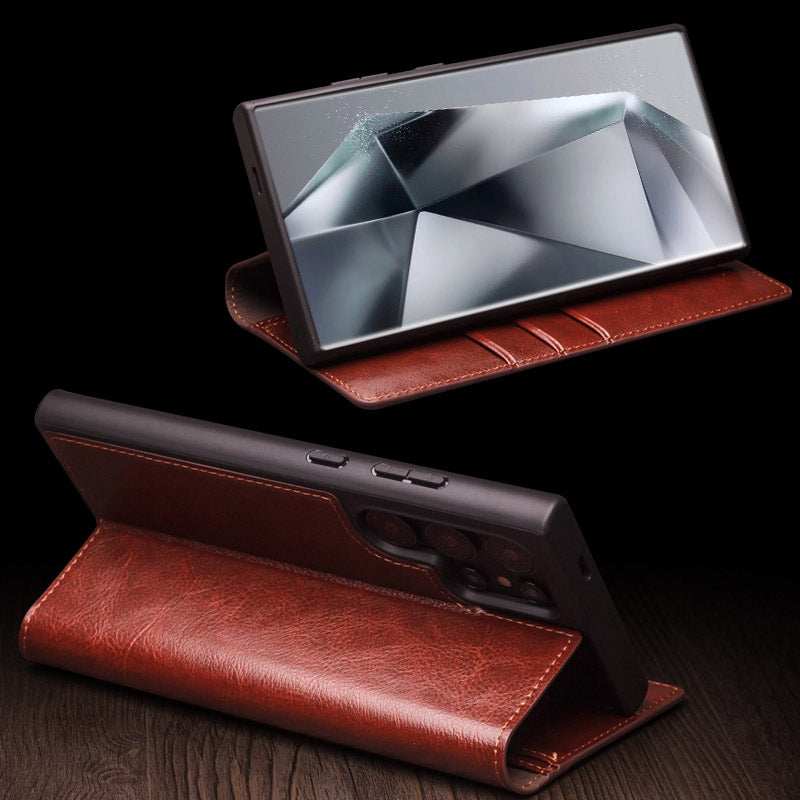 QIALINO For Samsung Galaxy S24 Ultra Case Wallet Flip Stand Phone Cover Genuine Cow Leather - Brown