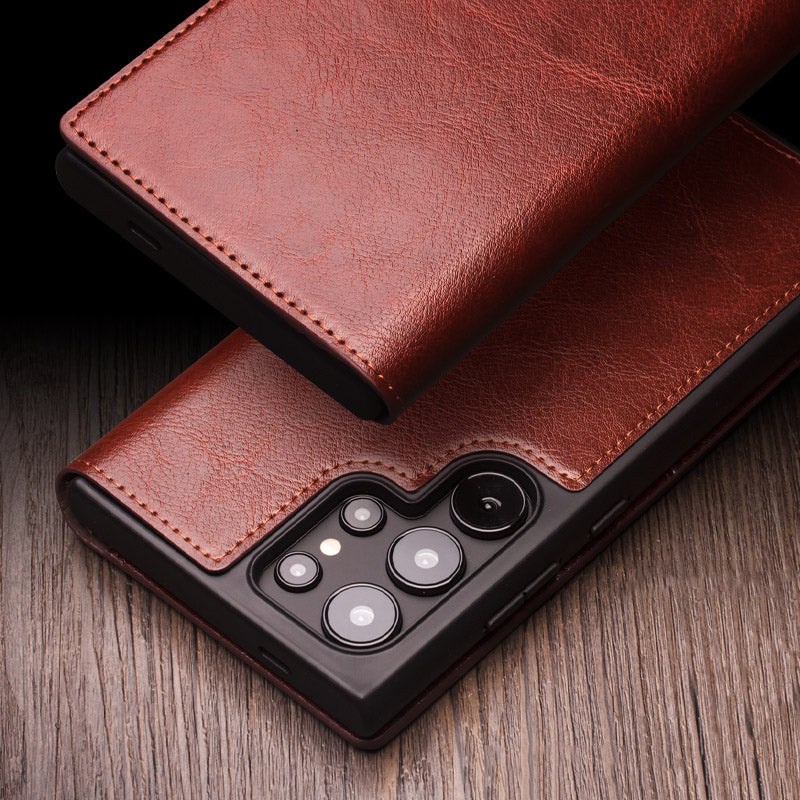 QIALINO For Samsung Galaxy S24 Ultra Case Wallet Flip Stand Phone Cover Genuine Cow Leather - Brown
