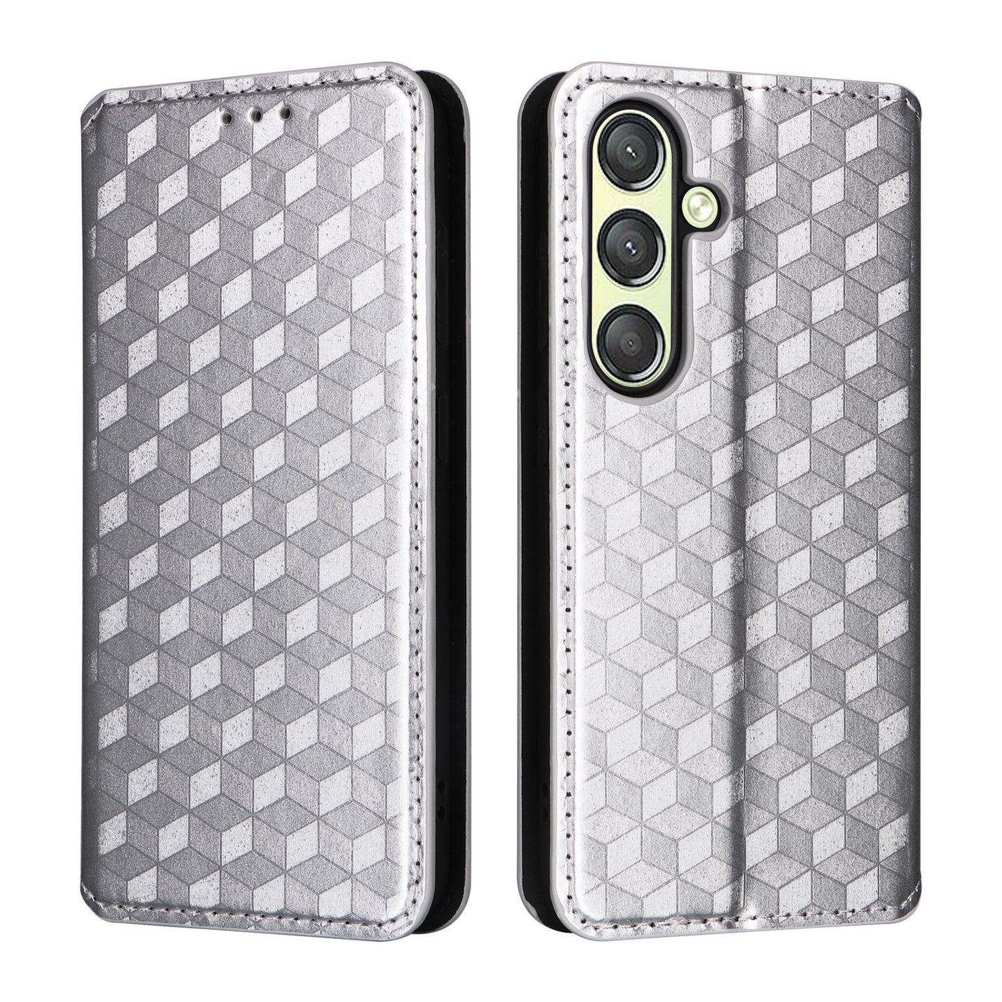 For Samsung Galaxy S24 Magnetic Phone Case Rhombus Pattern Leather Cover - Silver