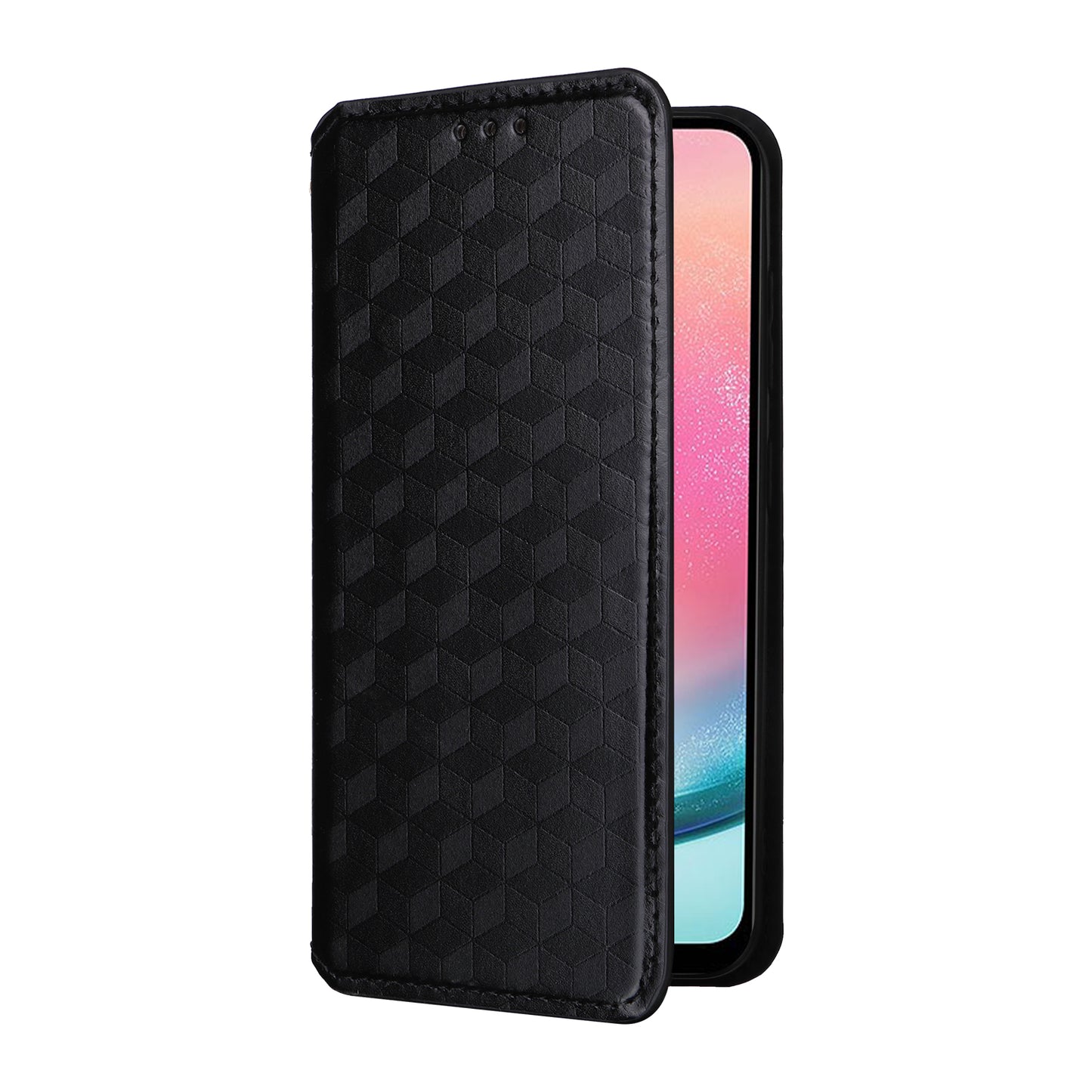 For Samsung Galaxy S24 Magnetic Phone Case Rhombus Pattern Leather Cover - Black
