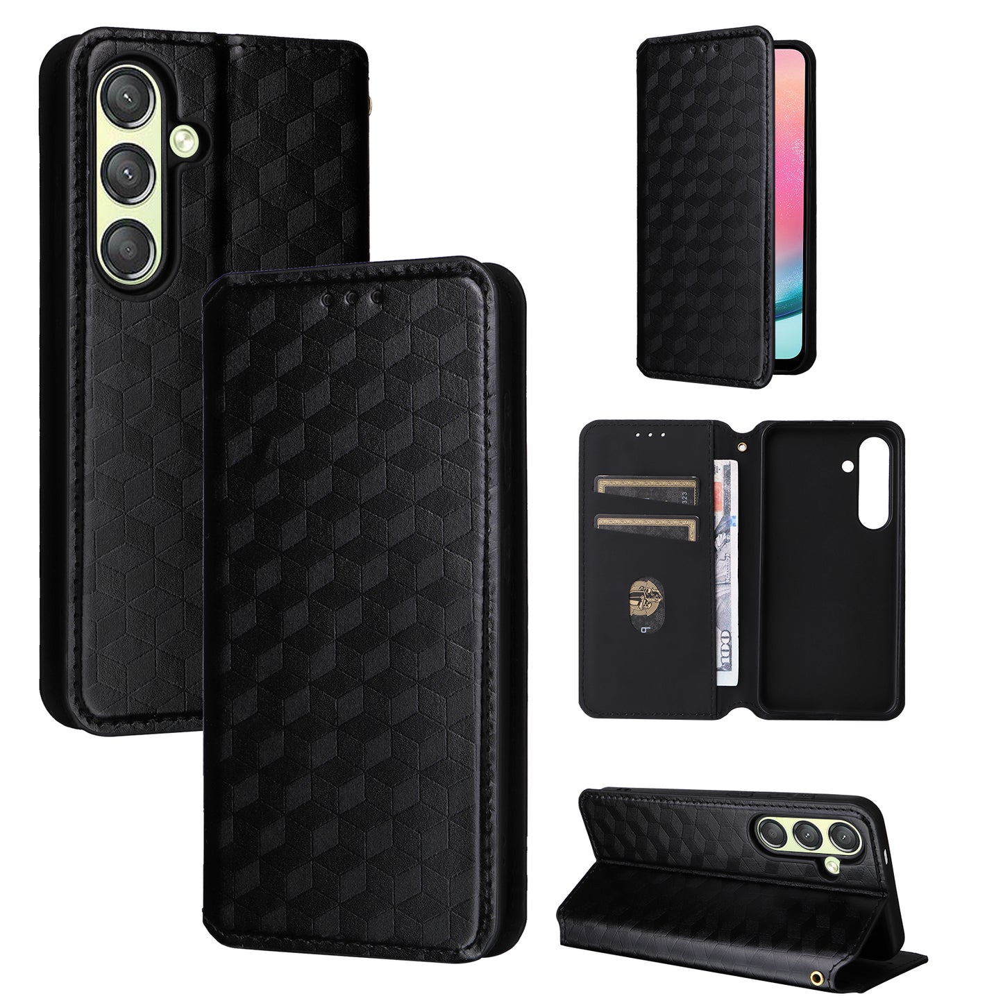 For Samsung Galaxy S24+ Case Rhombus Pattern Automatic Closing Phone Cover - Black