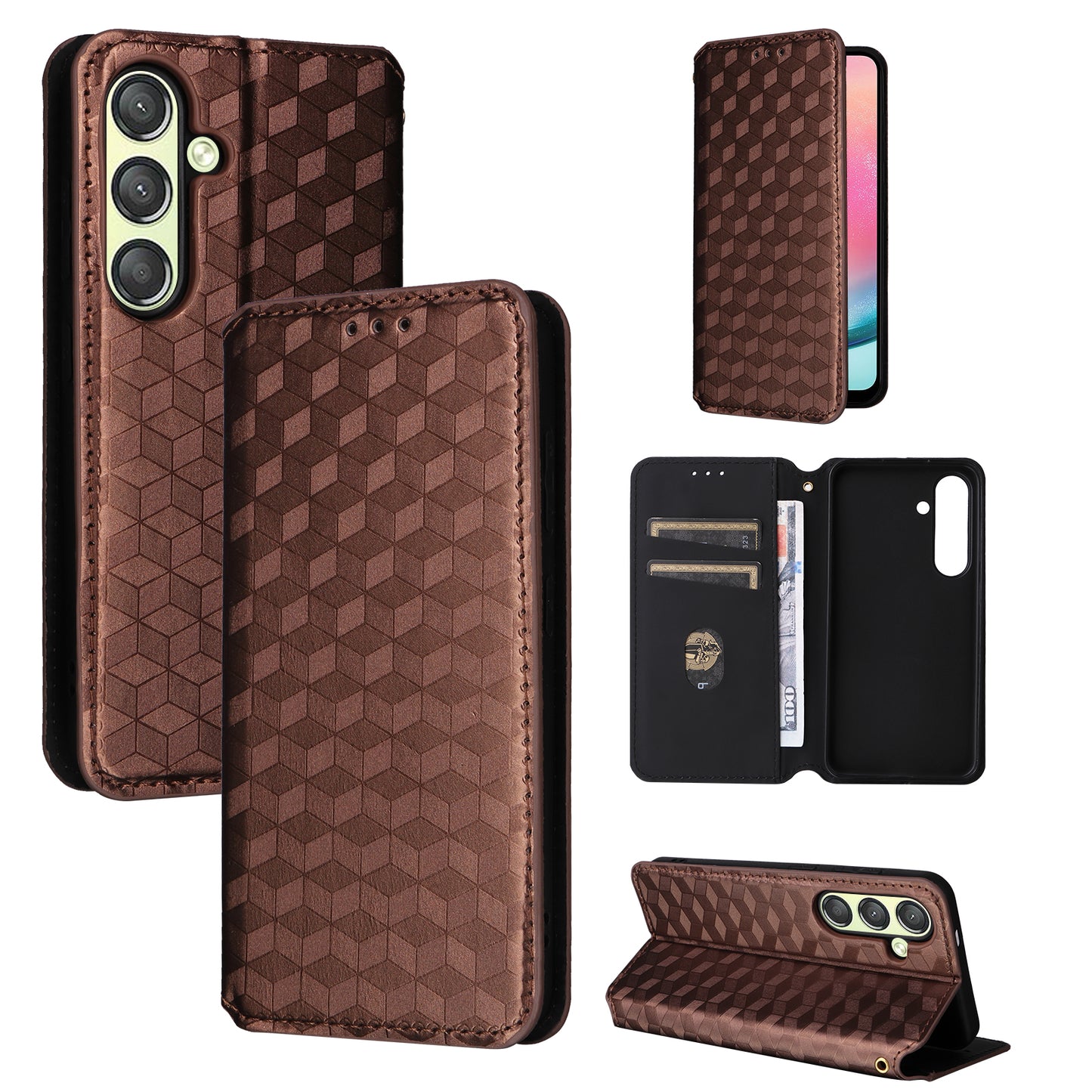 For Samsung Galaxy S24+ Case Rhombus Pattern Automatic Closing Phone Cover - Brown