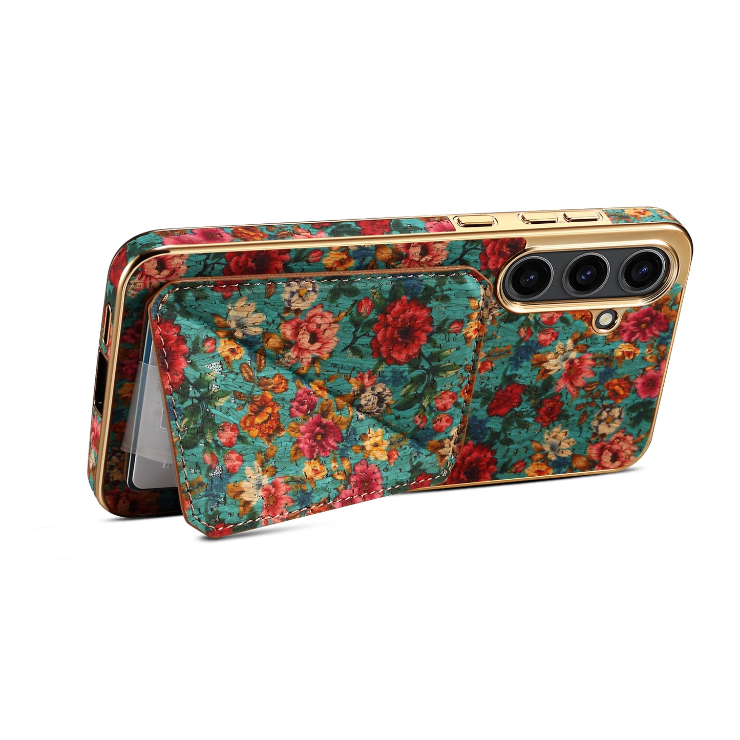 For Samsung Galaxy S24 Flower Phone Case Card Slots Kickstand Electroplated Cover - Blue