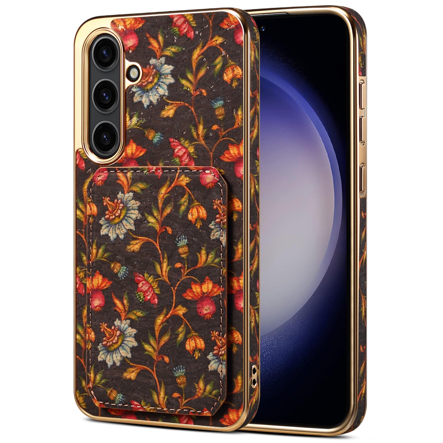 For Samsung Galaxy S24 Flower Phone Case Card Slots Kickstand Electroplated Cover - Black
