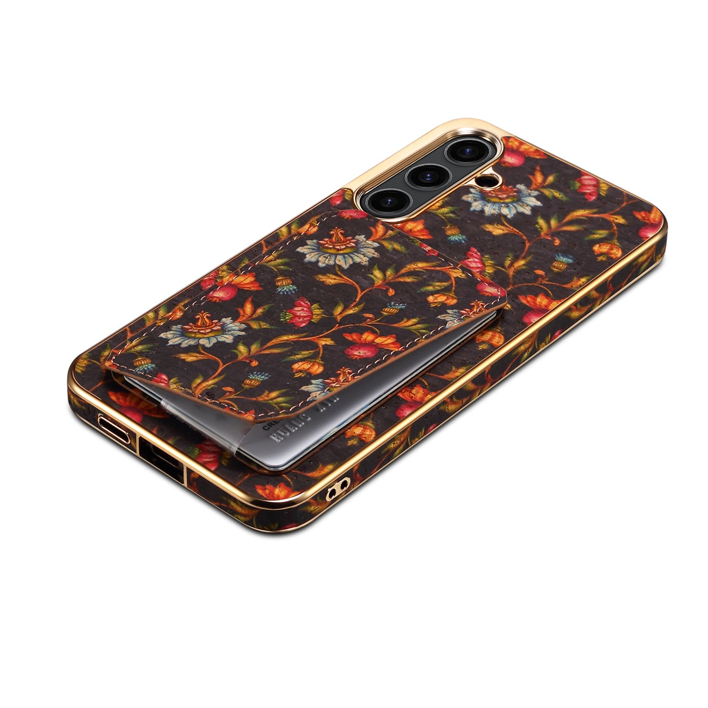 For Samsung Galaxy S24 Flower Phone Case Card Slots Kickstand Electroplated Cover - Black