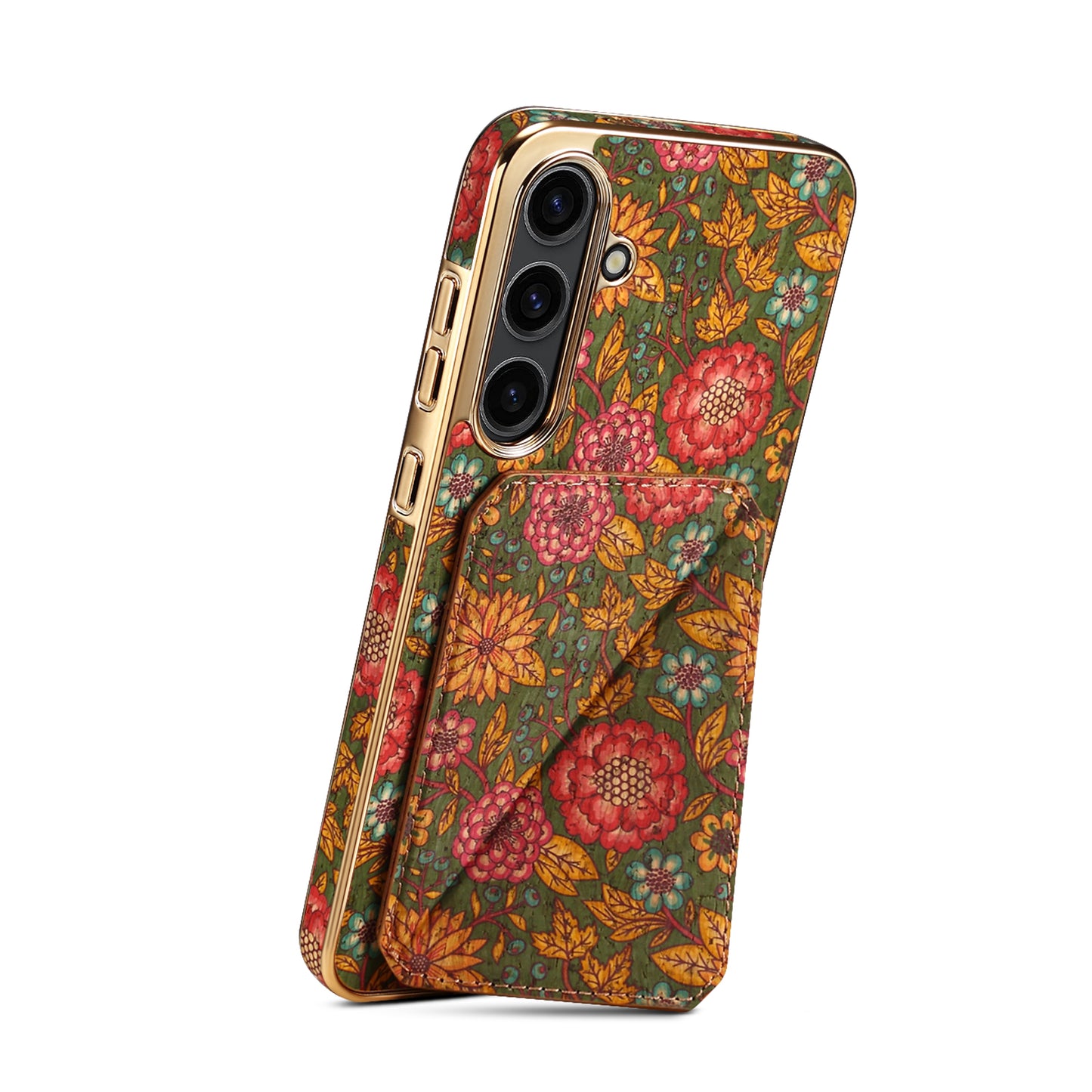 For Samsung Galaxy S24 Flower Phone Case Card Slots Kickstand Electroplated Cover - Green