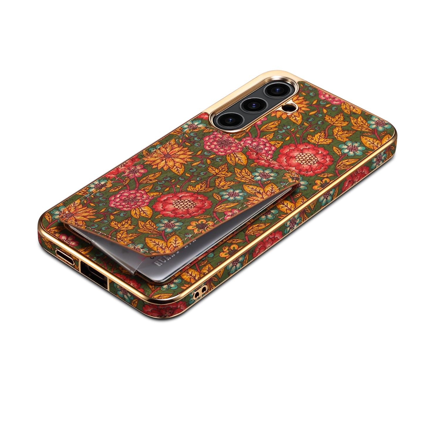For Samsung Galaxy S24 Flower Phone Case Card Slots Kickstand Electroplated Cover - Green
