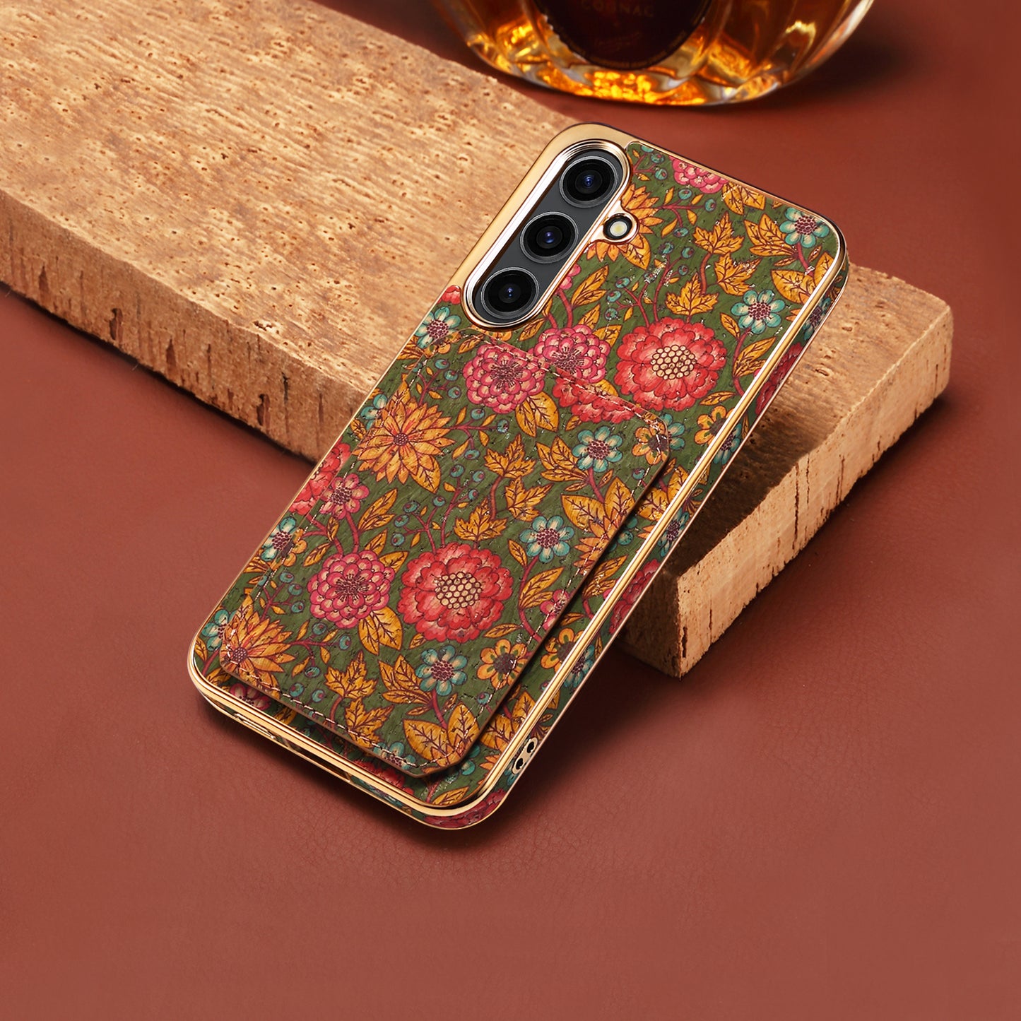 For Samsung Galaxy S24 Flower Phone Case Card Slots Kickstand Electroplated Cover - Green