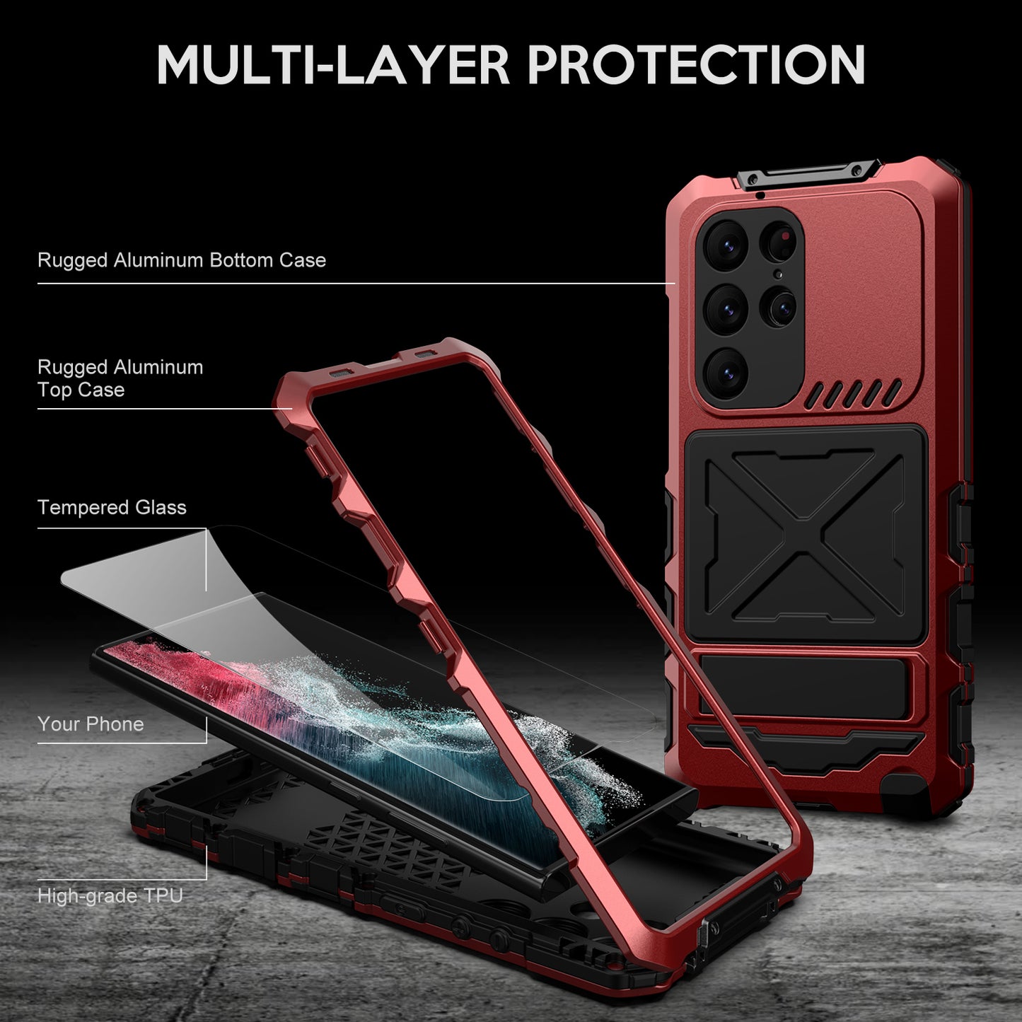 For Samsung Galaxy S24 Ultra Kickstand Phone Case Military Grade Shockproof Cover - Red
