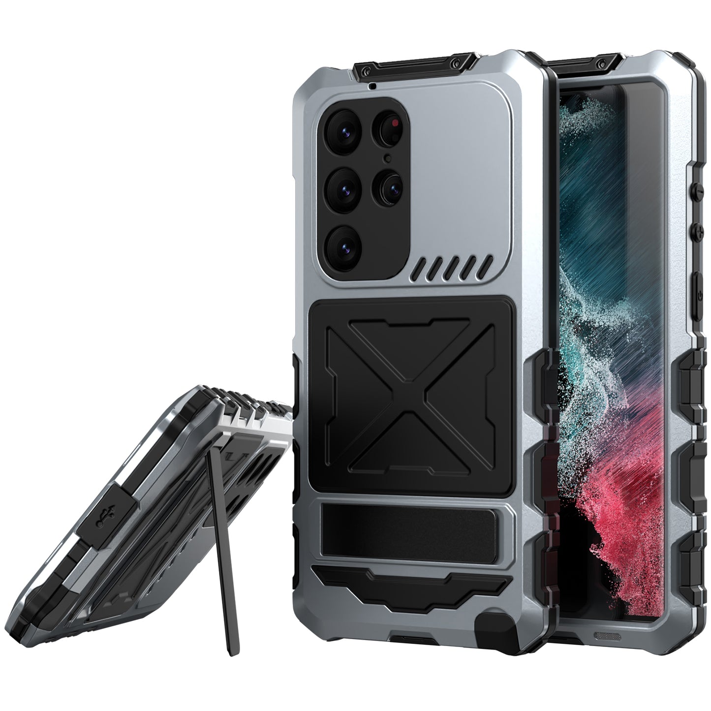 For Samsung Galaxy S24 Ultra Kickstand Phone Case Military Grade Shockproof Cover - Silver