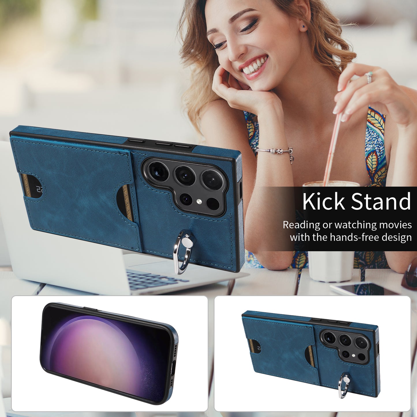 006 For Samsung Galaxy S24 Ultra Back Case with Card Holder PU TPU Kickstand Phone Cover - Blue