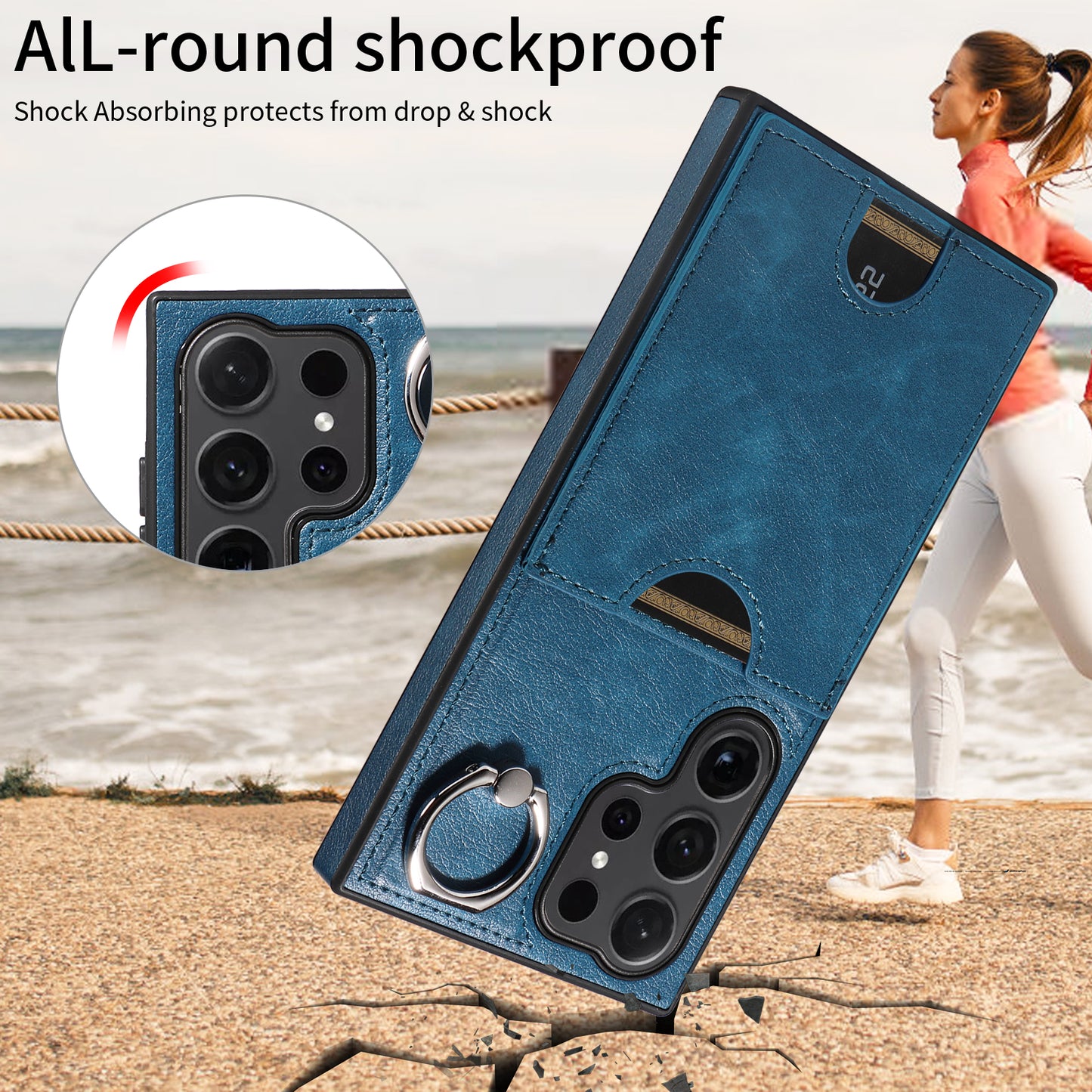 006 For Samsung Galaxy S24 Ultra Back Case with Card Holder PU TPU Kickstand Phone Cover - Blue