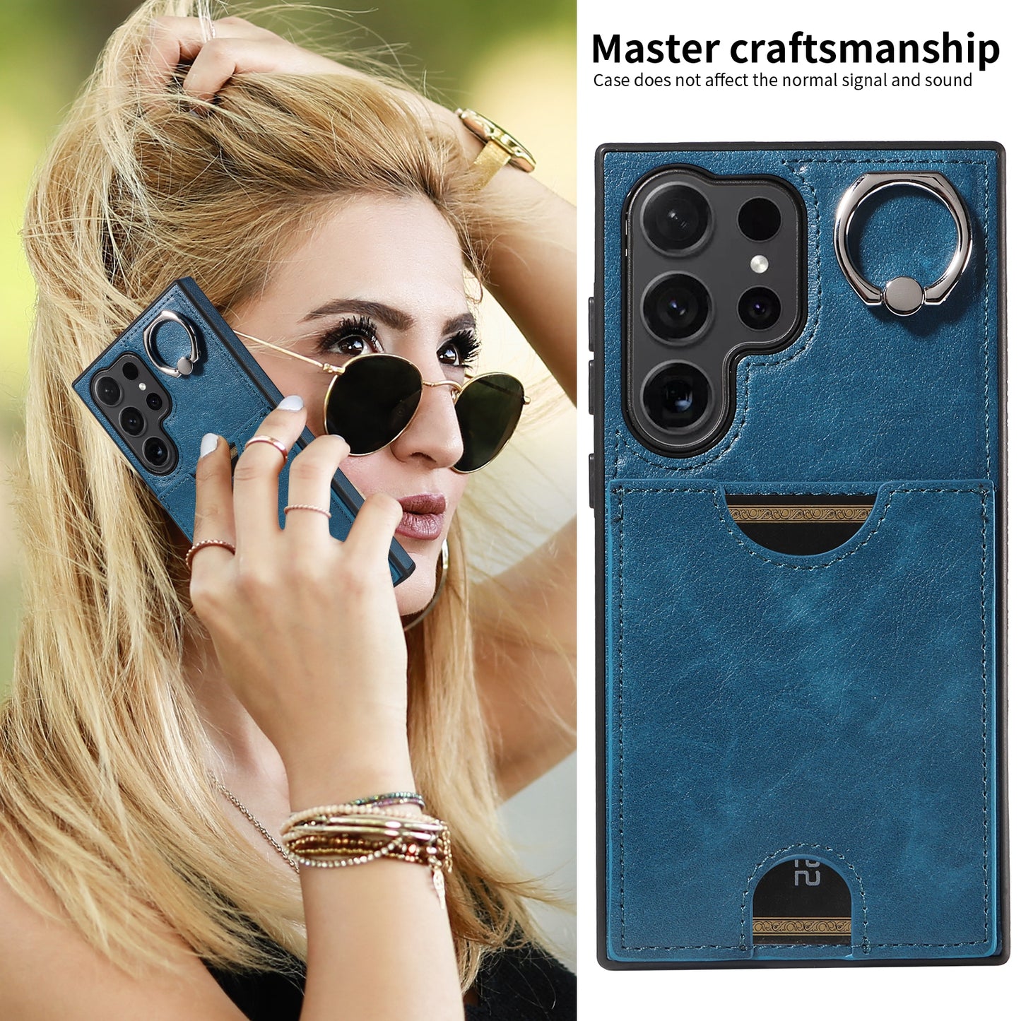 006 For Samsung Galaxy S24 Ultra Back Case with Card Holder PU TPU Kickstand Phone Cover - Blue