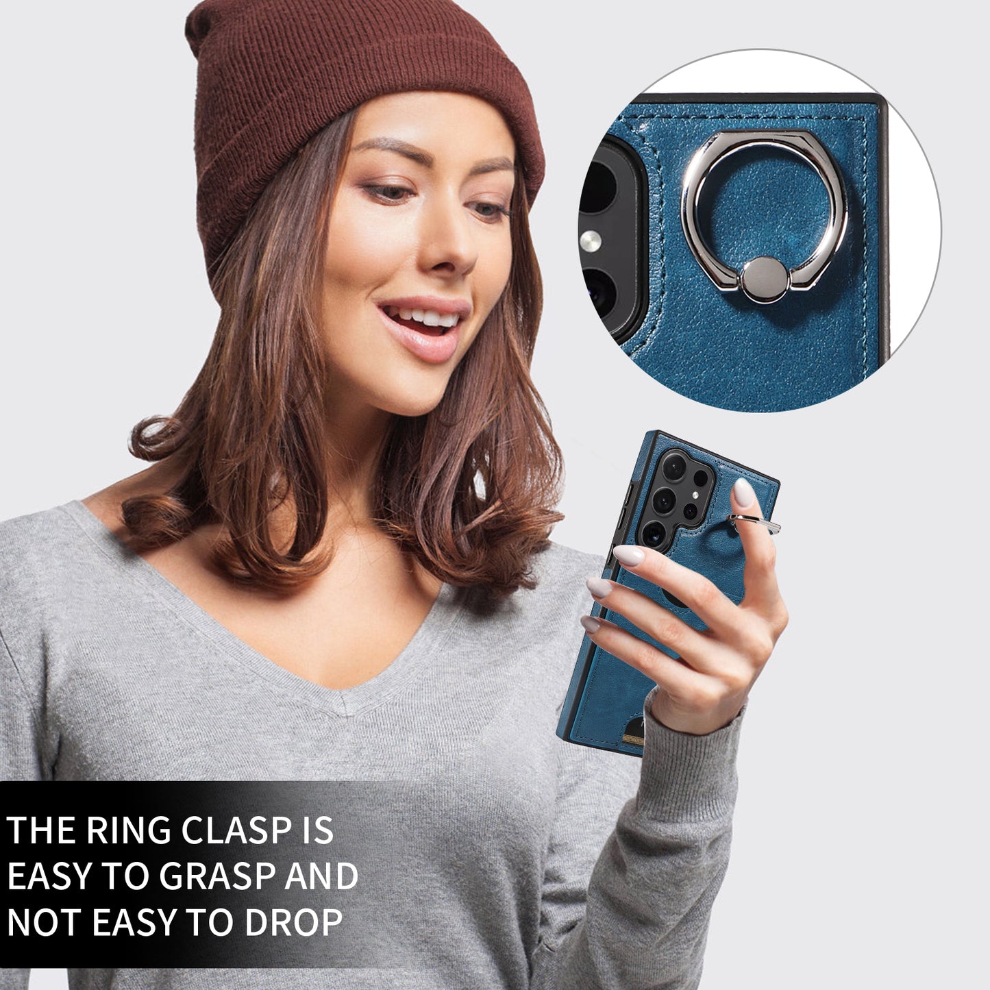 006 For Samsung Galaxy S24 Ultra Back Case with Card Holder PU TPU Kickstand Phone Cover - Blue