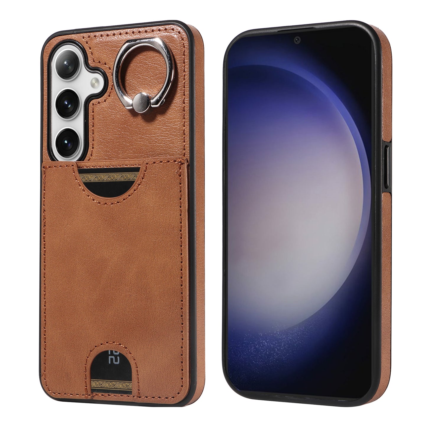 006 For Samsung Galaxy S24 Case with Card Slot Calf Texture Phone Cover Ring Holder - Brown