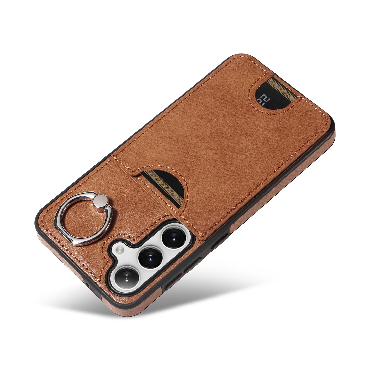 006 For Samsung Galaxy S24 Case with Card Slot Calf Texture Phone Cover Ring Holder - Brown