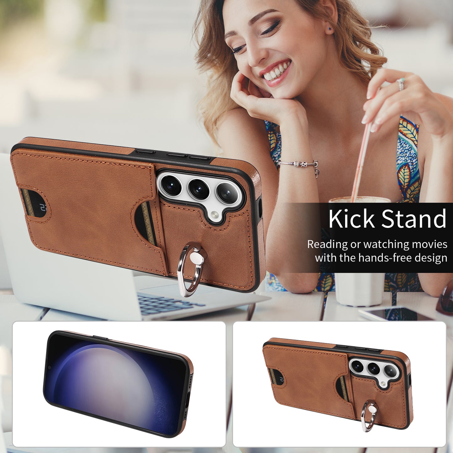 006 For Samsung Galaxy S24 Case with Card Slot Calf Texture Phone Cover Ring Holder - Brown