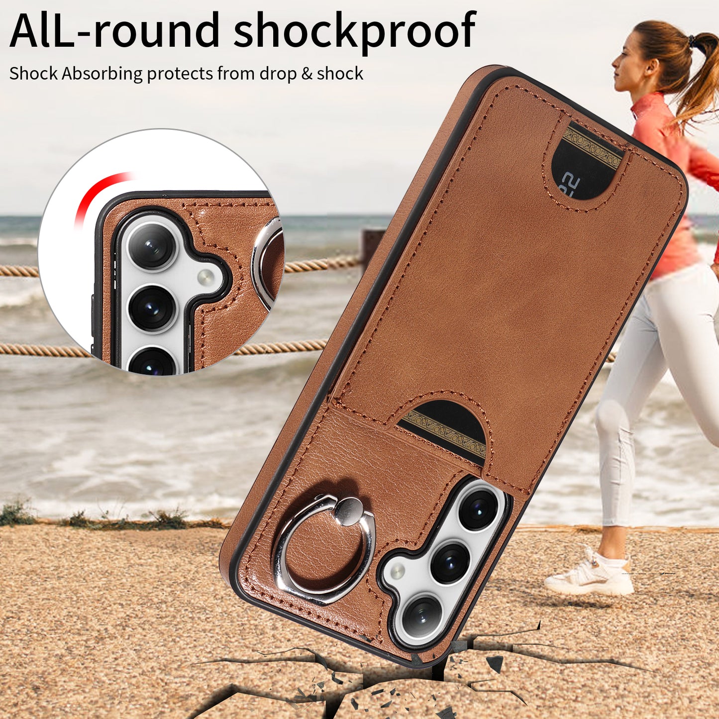 006 For Samsung Galaxy S24 Case with Card Slot Calf Texture Phone Cover Ring Holder - Brown