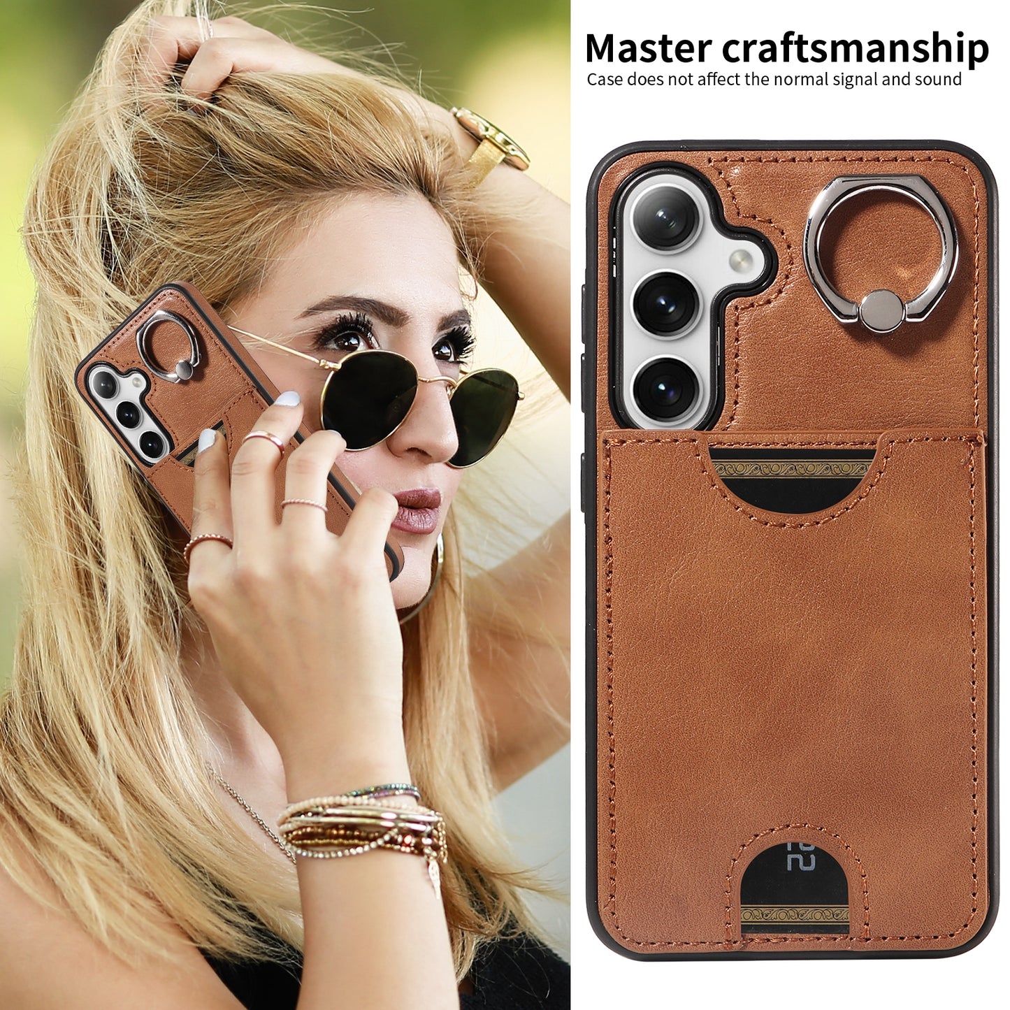006 For Samsung Galaxy S24 Case with Card Slot Calf Texture Phone Cover Ring Holder - Brown