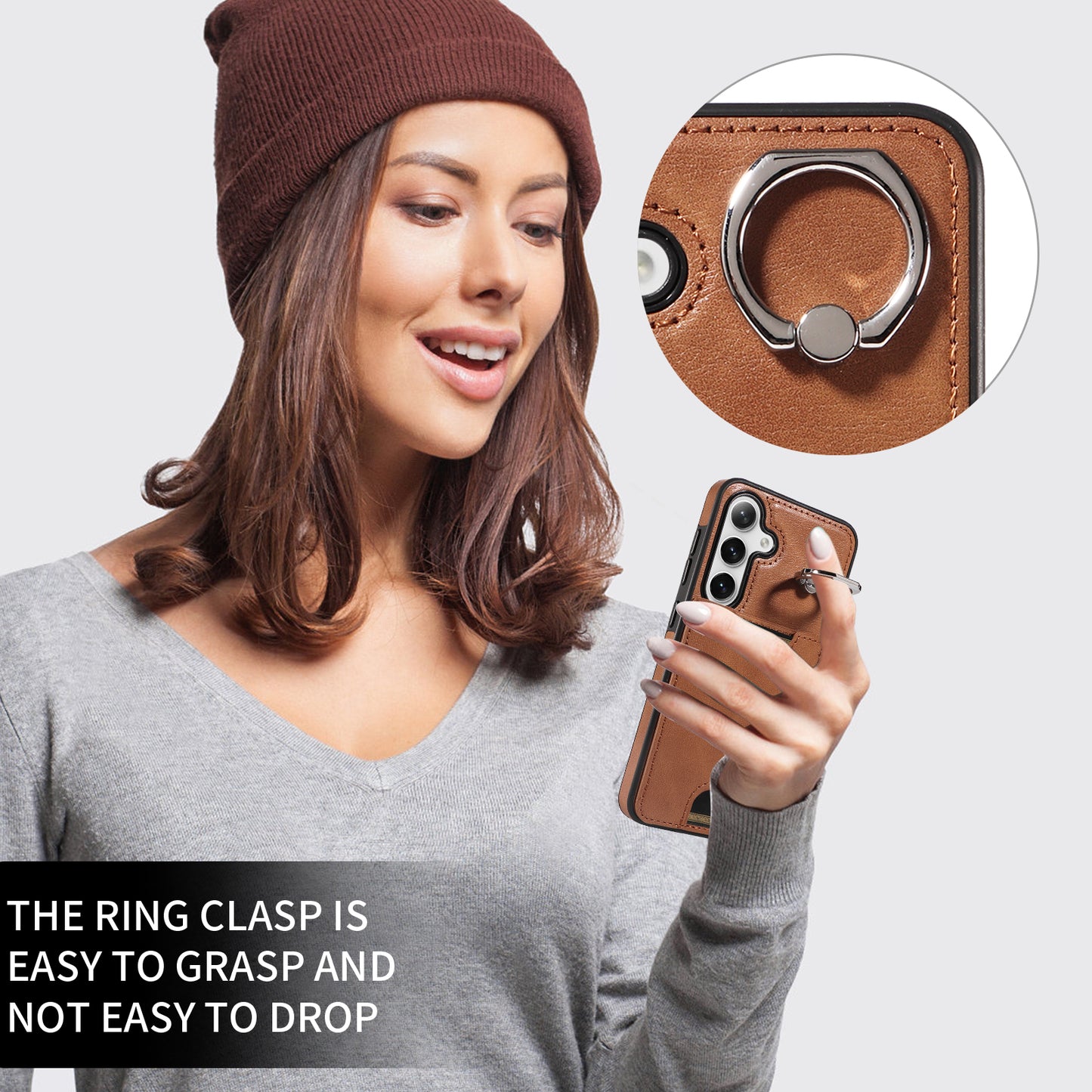 006 For Samsung Galaxy S24 Case with Card Slot Calf Texture Phone Cover Ring Holder - Brown