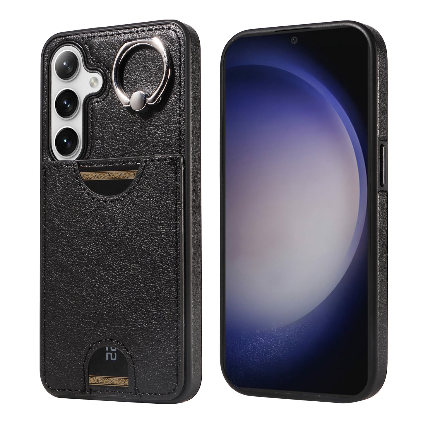 006 For Samsung Galaxy S24 Case with Card Slot Calf Texture Phone Cover Ring Holder - Black