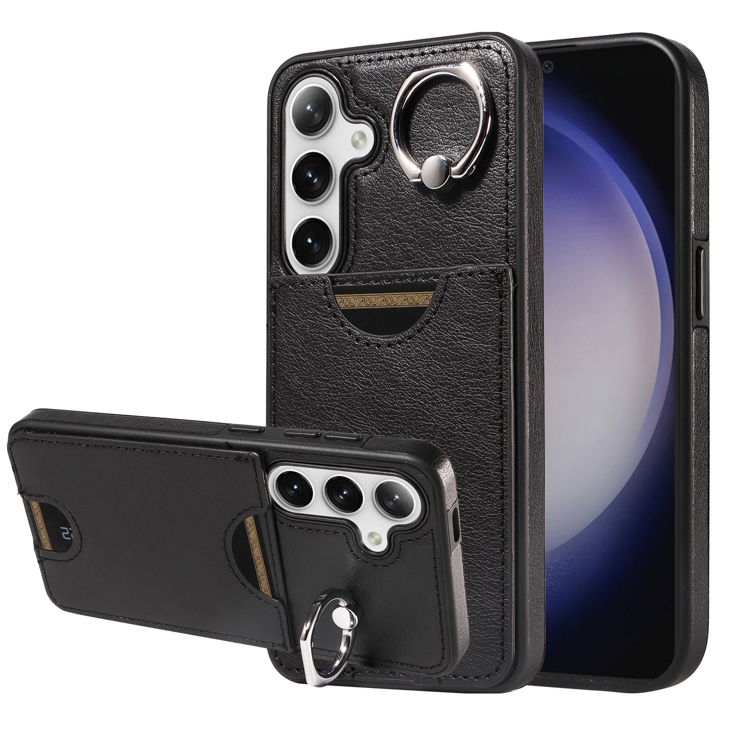 006 For Samsung Galaxy S24 Case with Card Slot Calf Texture Phone Cover Ring Holder - Black