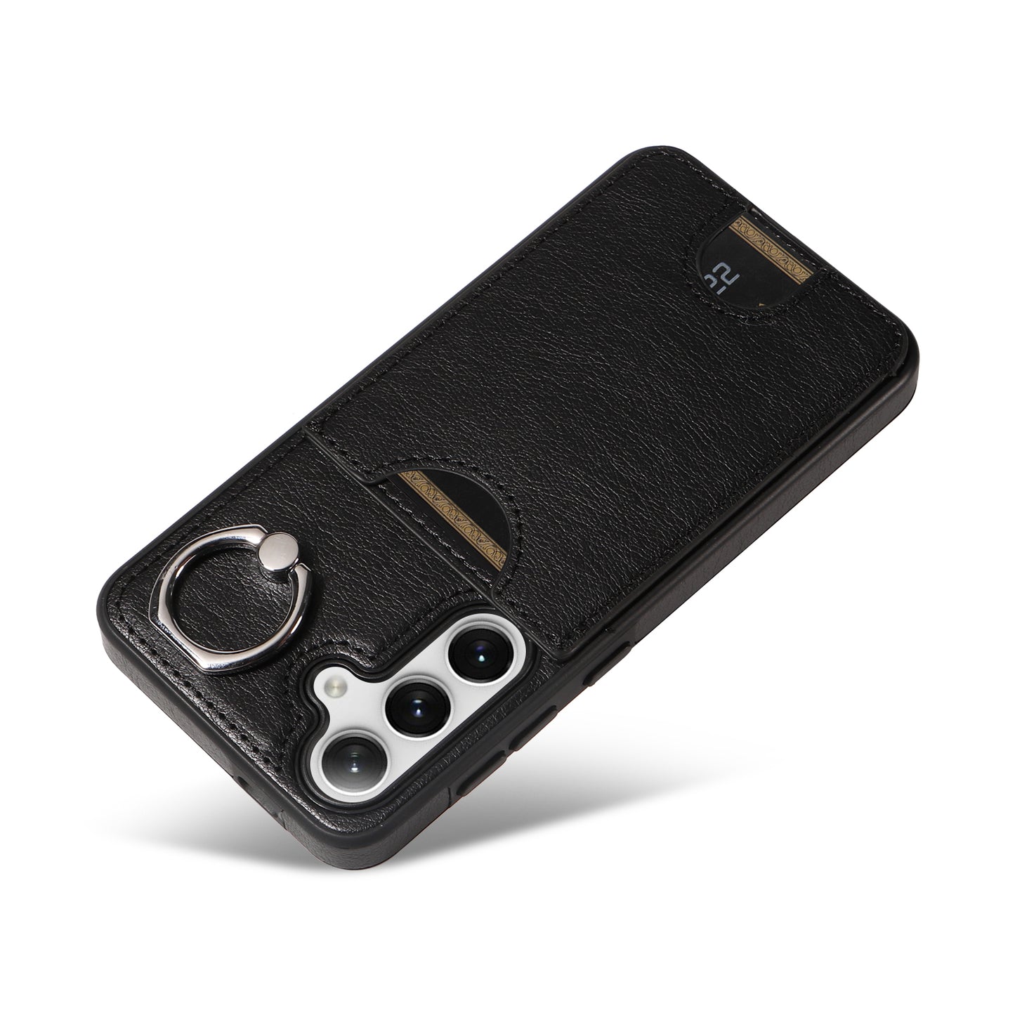 006 For Samsung Galaxy S24 Case with Card Slot Calf Texture Phone Cover Ring Holder - Black