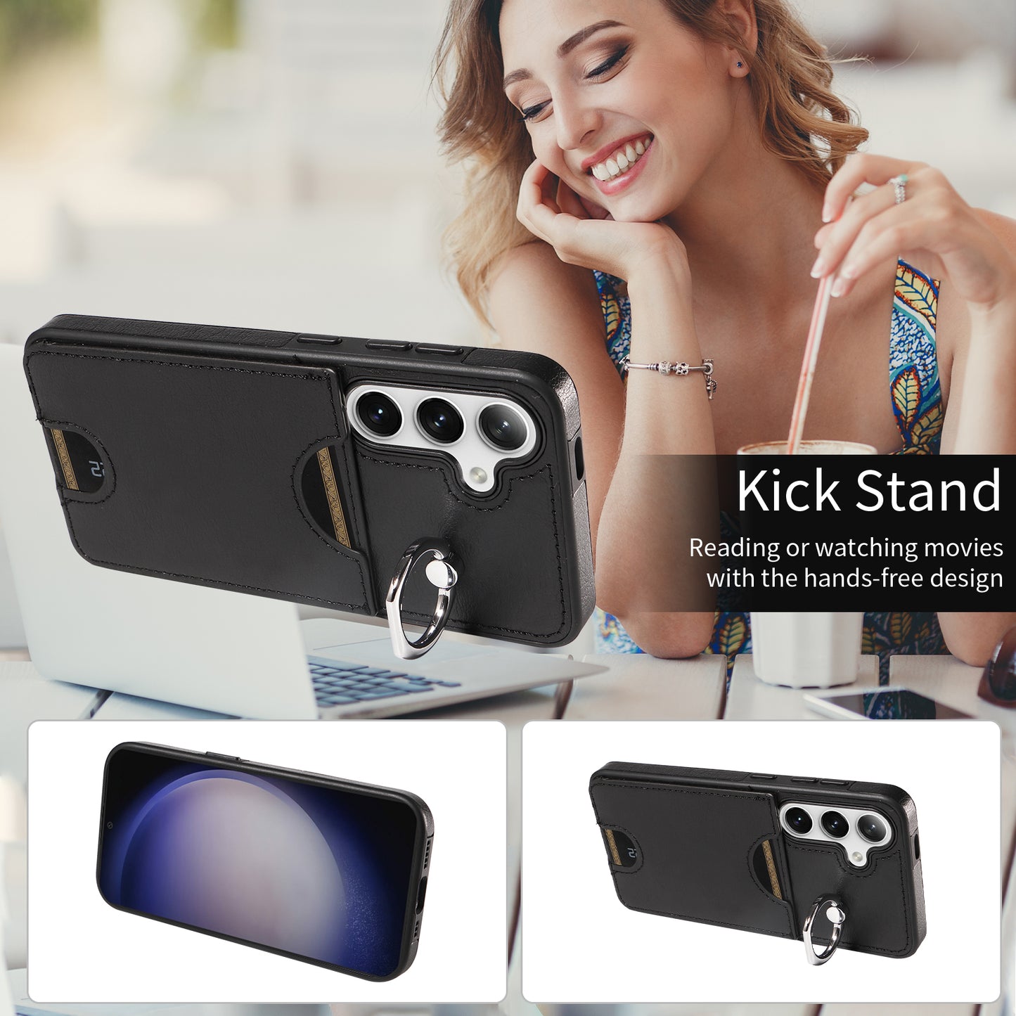 006 For Samsung Galaxy S24 Case with Card Slot Calf Texture Phone Cover Ring Holder - Black