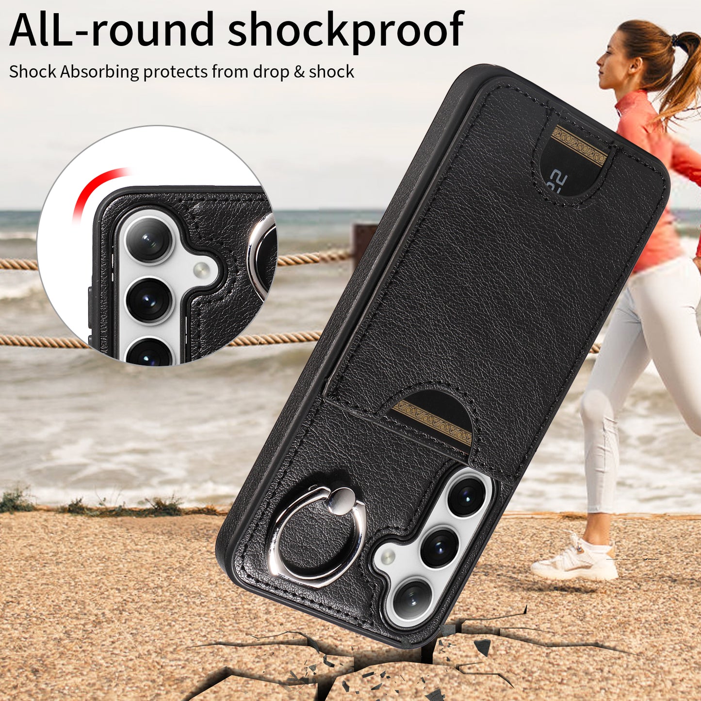 006 For Samsung Galaxy S24 Case with Card Slot Calf Texture Phone Cover Ring Holder - Black