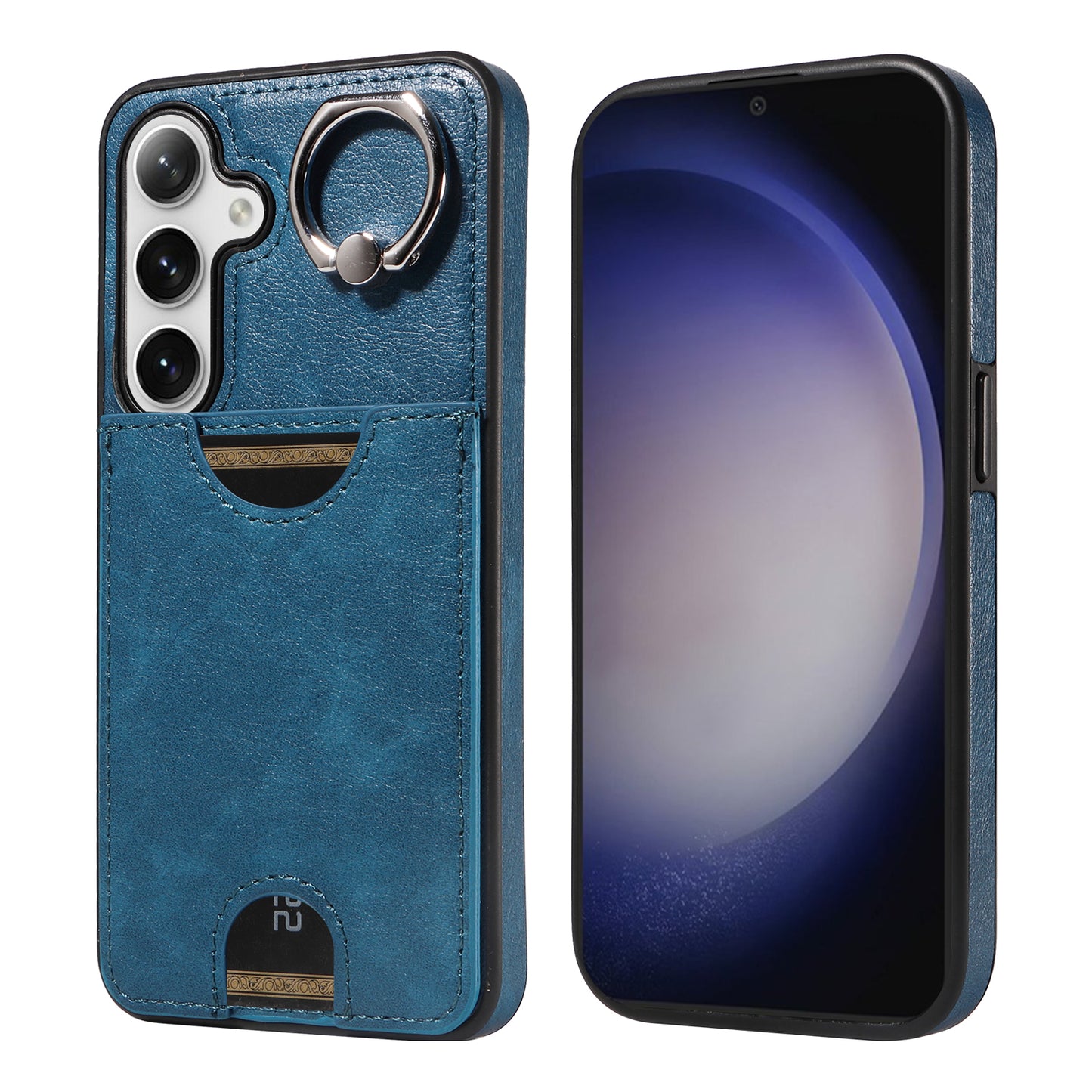 006 For Samsung Galaxy S24 Case with Card Slot Calf Texture Phone Cover Ring Holder - Blue