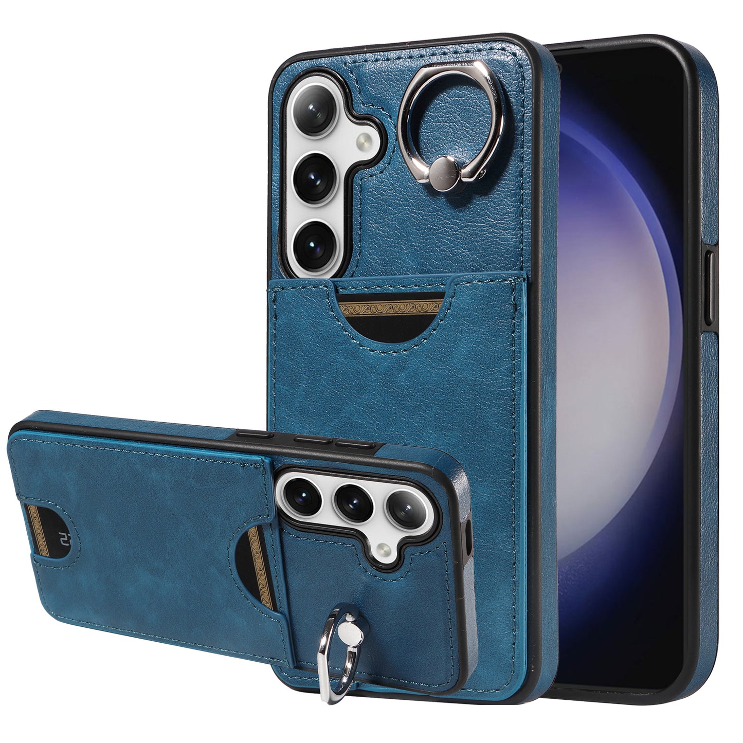 006 For Samsung Galaxy S24 Case with Card Slot Calf Texture Phone Cover Ring Holder - Blue