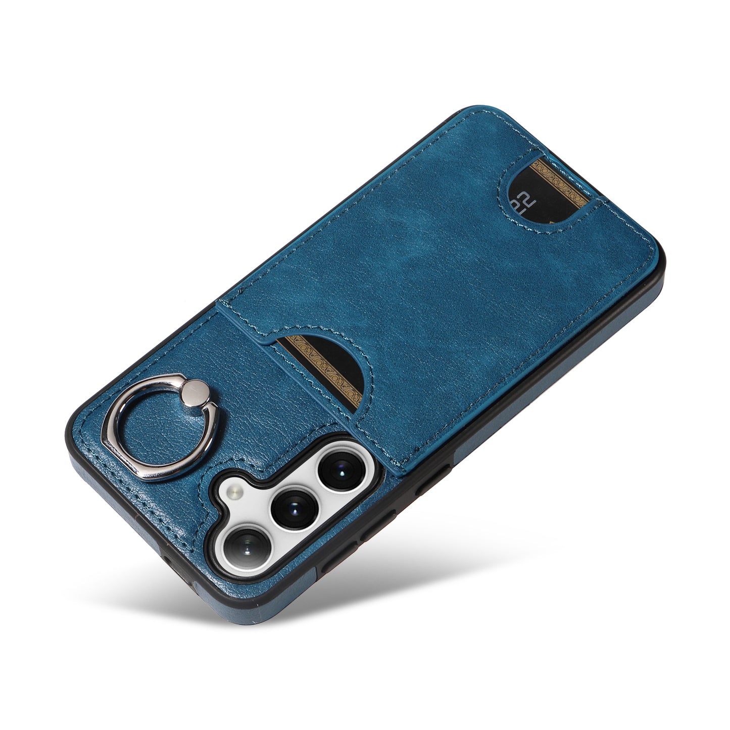 006 For Samsung Galaxy S24 Case with Card Slot Calf Texture Phone Cover Ring Holder - Blue