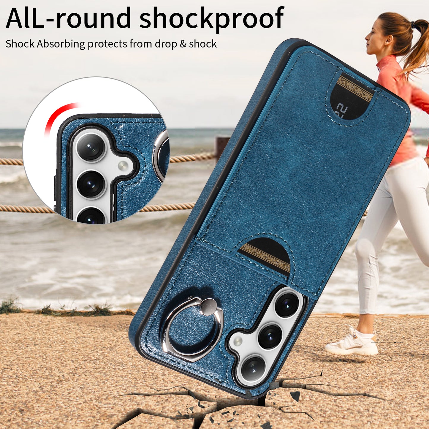 006 For Samsung Galaxy S24 Case with Card Slot Calf Texture Phone Cover Ring Holder - Blue