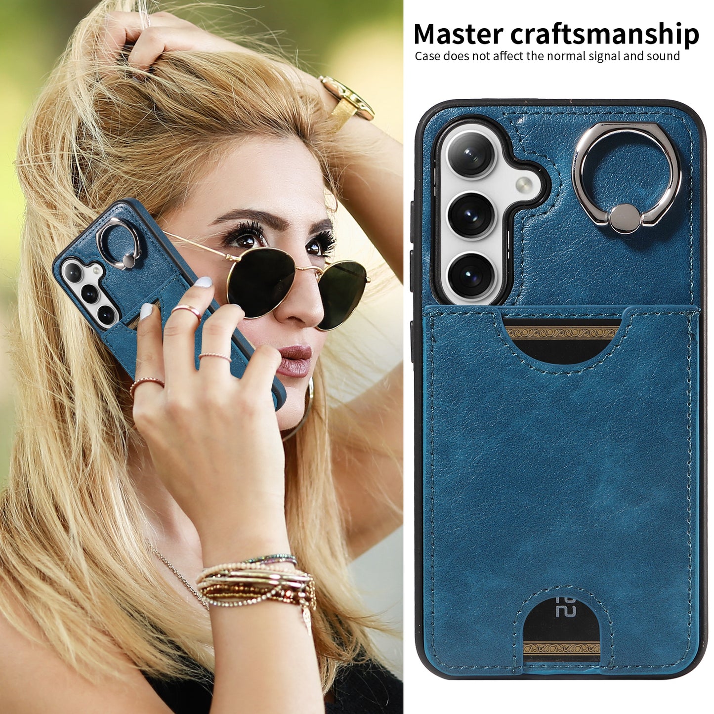 006 For Samsung Galaxy S24 Case with Card Slot Calf Texture Phone Cover Ring Holder - Blue