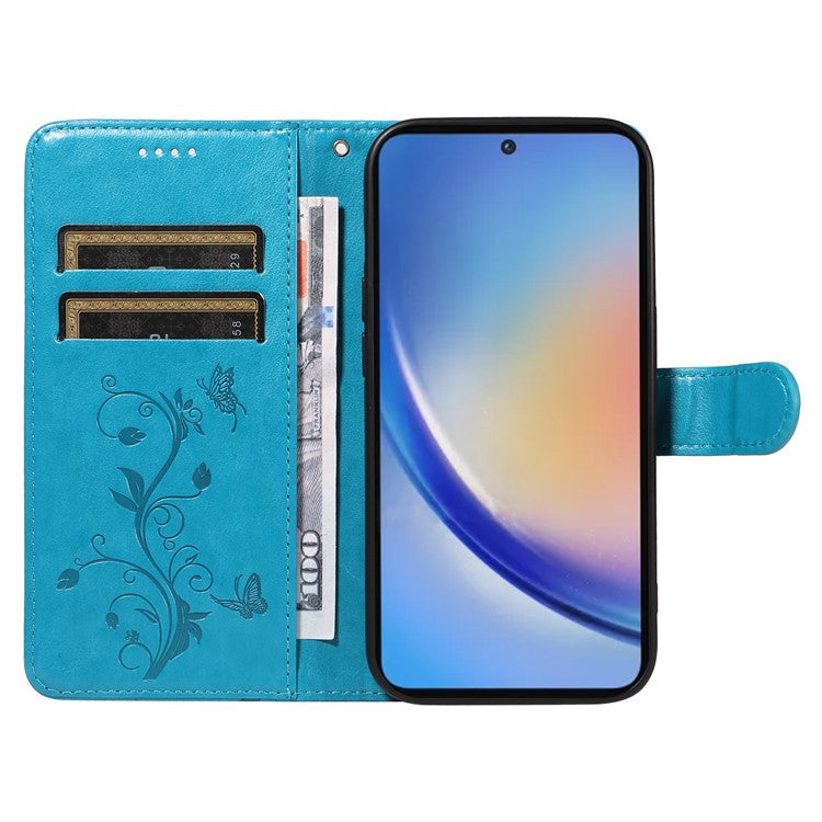 For Samsung Galaxy A35 5G Leather Case with Wallet Card Slots Flower Butterfly Pattern - Blue