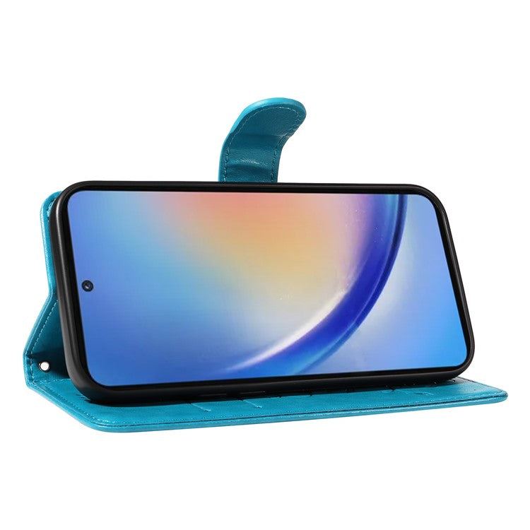 For Samsung Galaxy A35 5G Leather Case with Wallet Card Slots Flower Butterfly Pattern - Blue