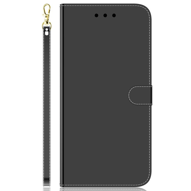 For Samsung Galaxy A35 5G Case with Hand Strap Mirror-Like Surface Leather Cover - Black