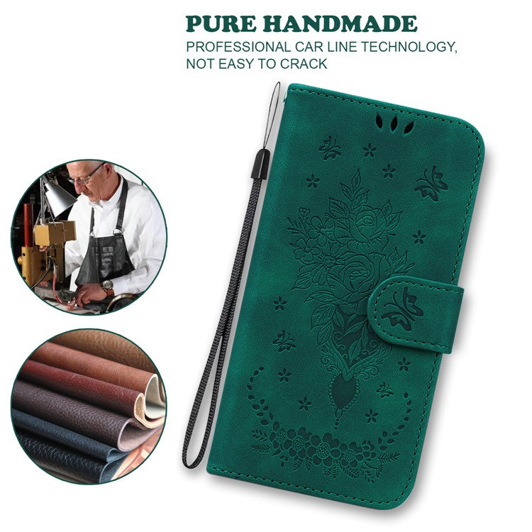 For Samsung Galaxy A35 5G Case PU Leather Phone Cover Rose Butterfly Pattern - Green