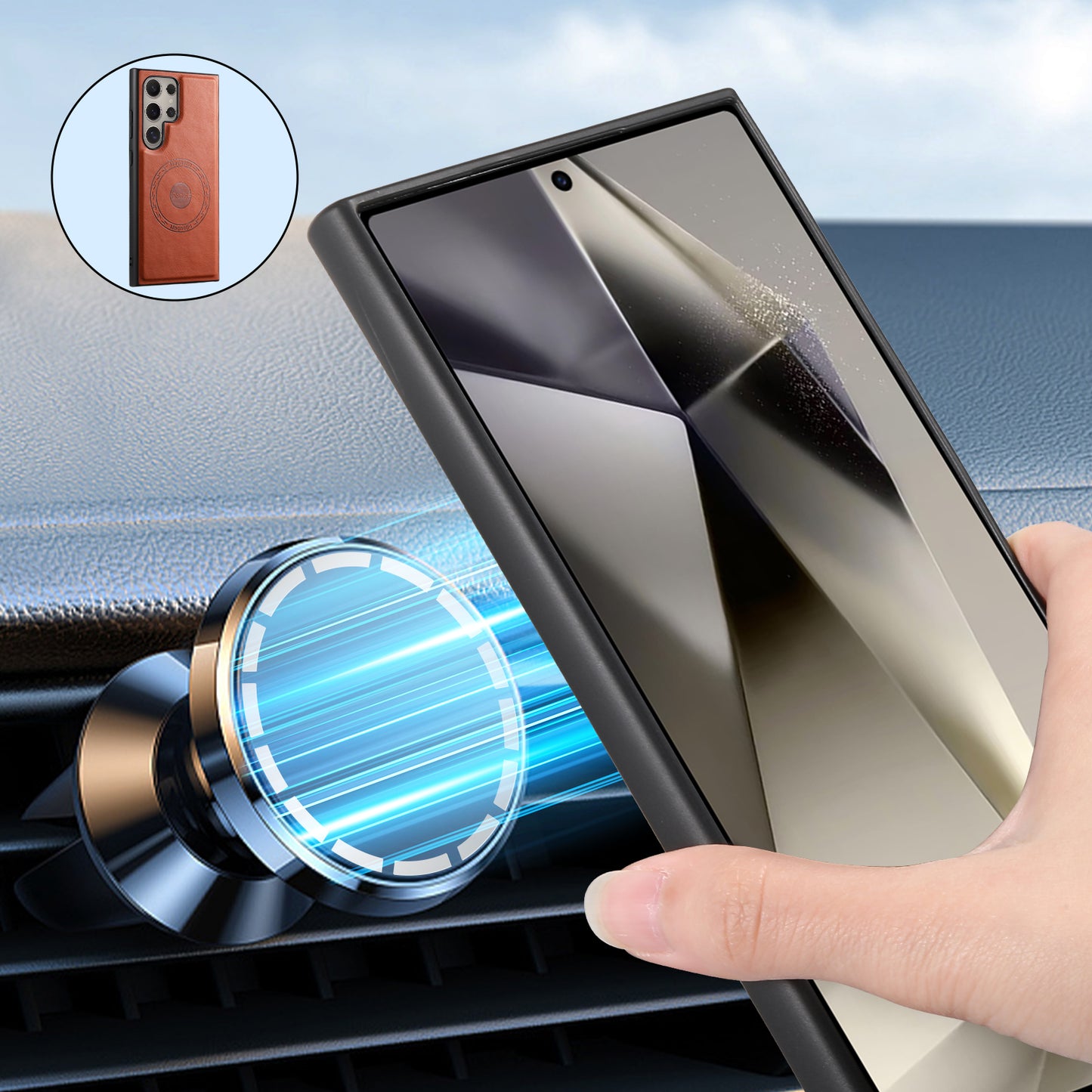 DENIOR For Samsung Galaxy S24 Ultra Magnetic Case Cowhide Texture Leather Back Cover - Brown