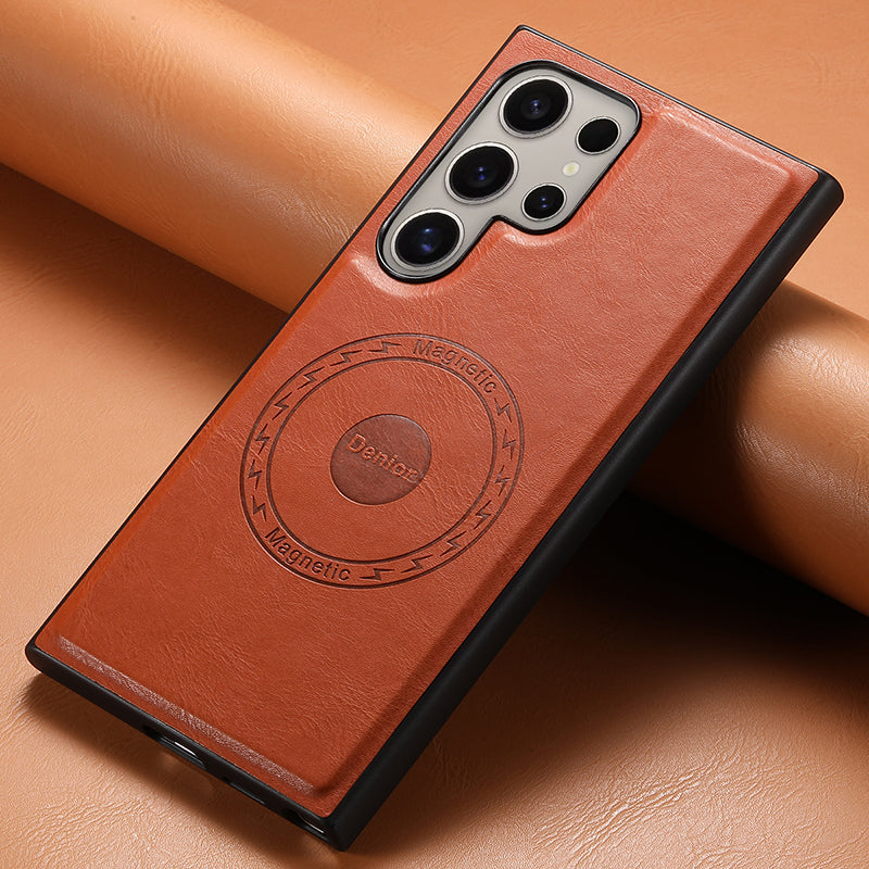 DENIOR For Samsung Galaxy S24 Ultra Magnetic Case Cowhide Texture Leather Back Cover - Brown