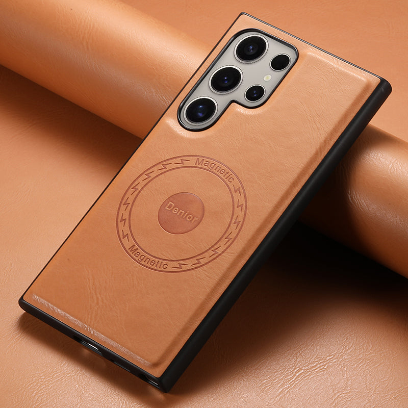 DENIOR For Samsung Galaxy S24 Ultra Magnetic Case Cowhide Texture Leather Back Cover - Khaki