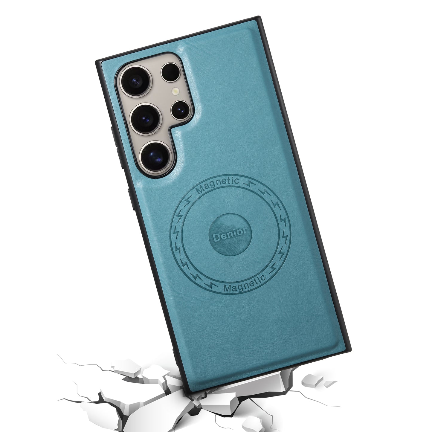 DENIOR For Samsung Galaxy S24 Ultra Magnetic Case Cowhide Texture Leather Back Cover - Blue