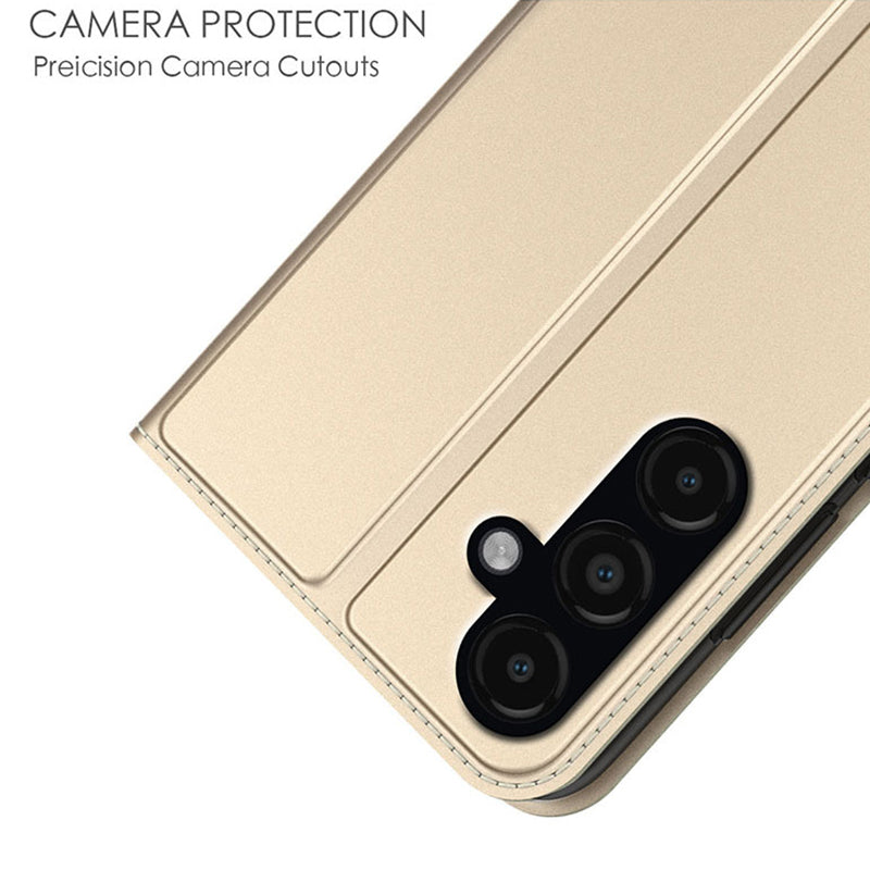 For Samsung Galaxy S24+ Card Holder PU Leather Phone Cover Anti-Scratch Cell Phone Stand Case - Gold