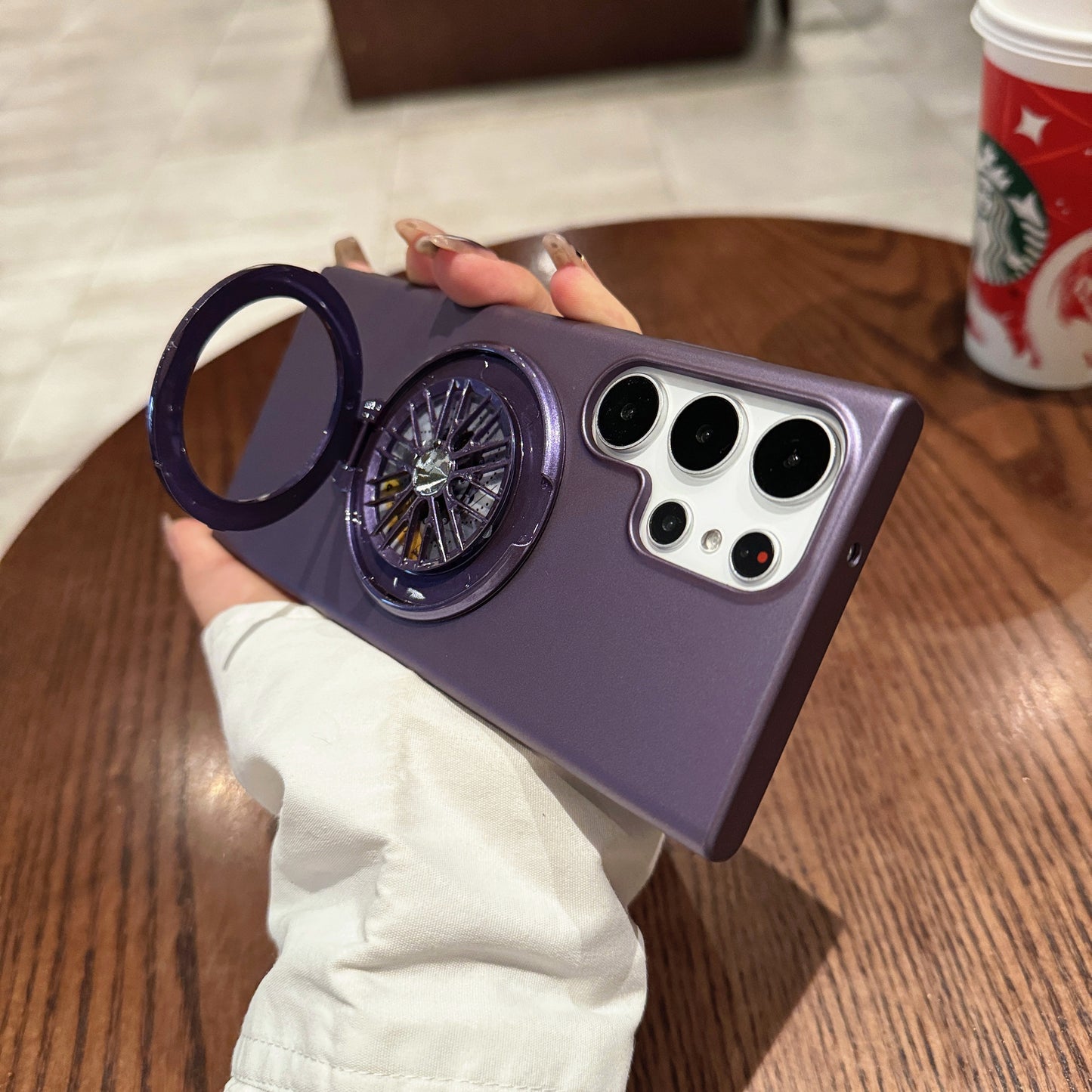 VOERO For Samsung Galaxy S24 Ultra PC Case Electroplating Kickstand Phone Case Built-In Rotating Gyro - Black