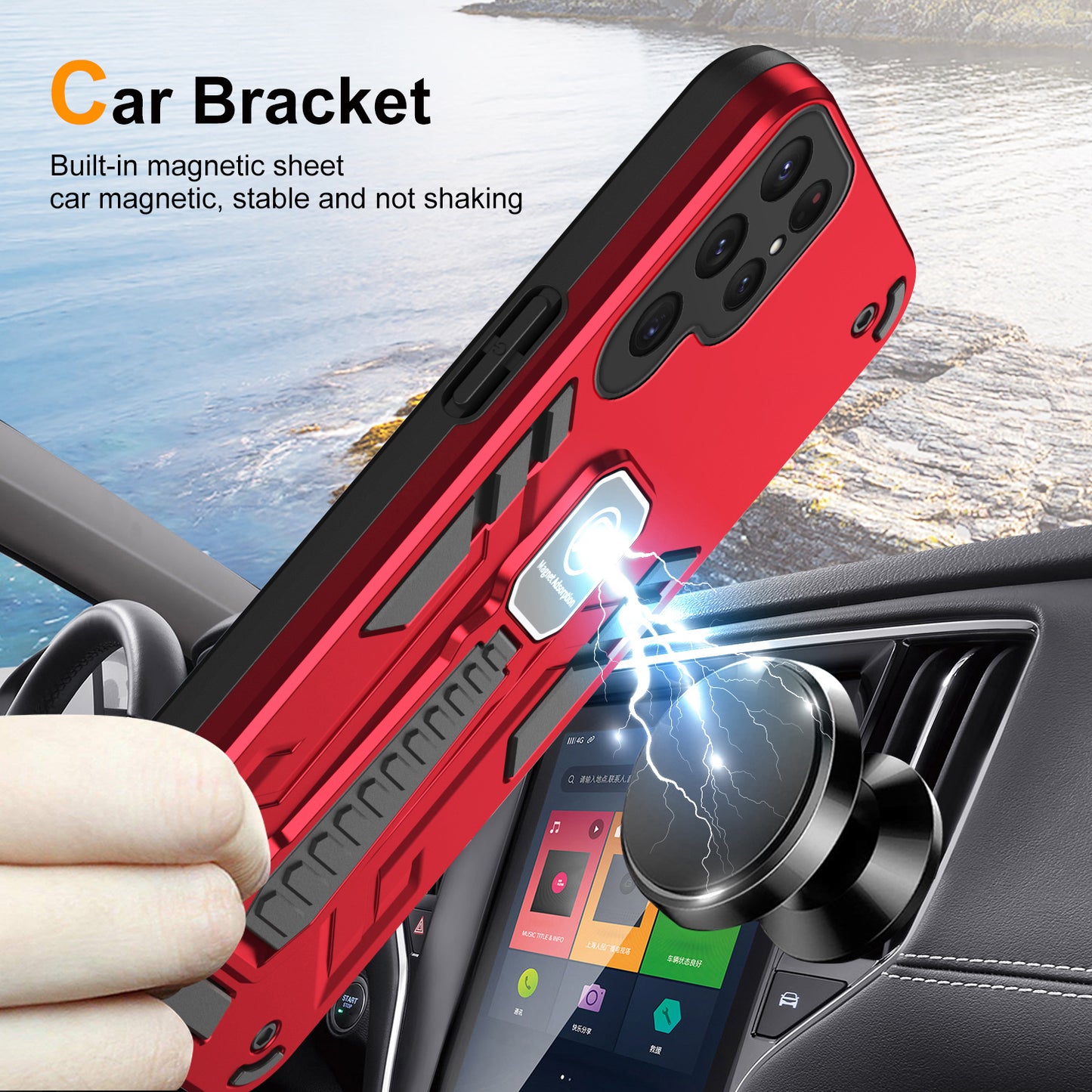 For Samsung Galaxy S24 Ultra Case Drop-resistant Kickstand Back Shell Work with Magnetic Car Mount - Red