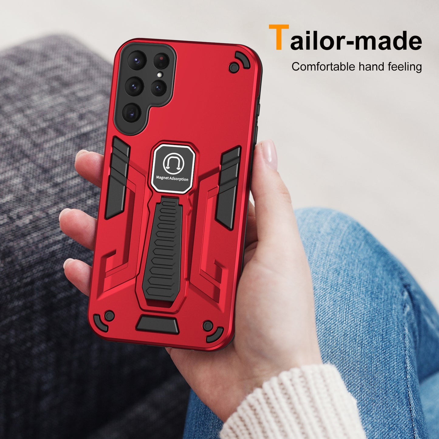 For Samsung Galaxy S24 Ultra Case Drop-resistant Kickstand Back Shell Work with Magnetic Car Mount - Red