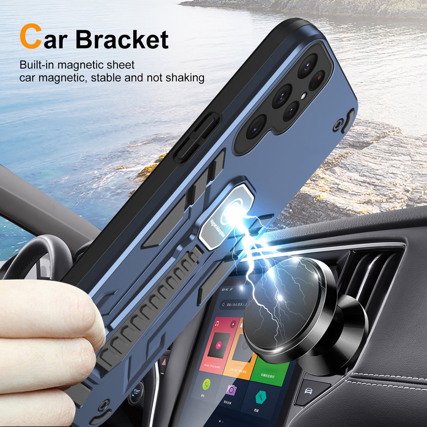 For Samsung Galaxy S24 Ultra Case Drop-resistant Kickstand Back Shell Work with Magnetic Car Mount - Blue