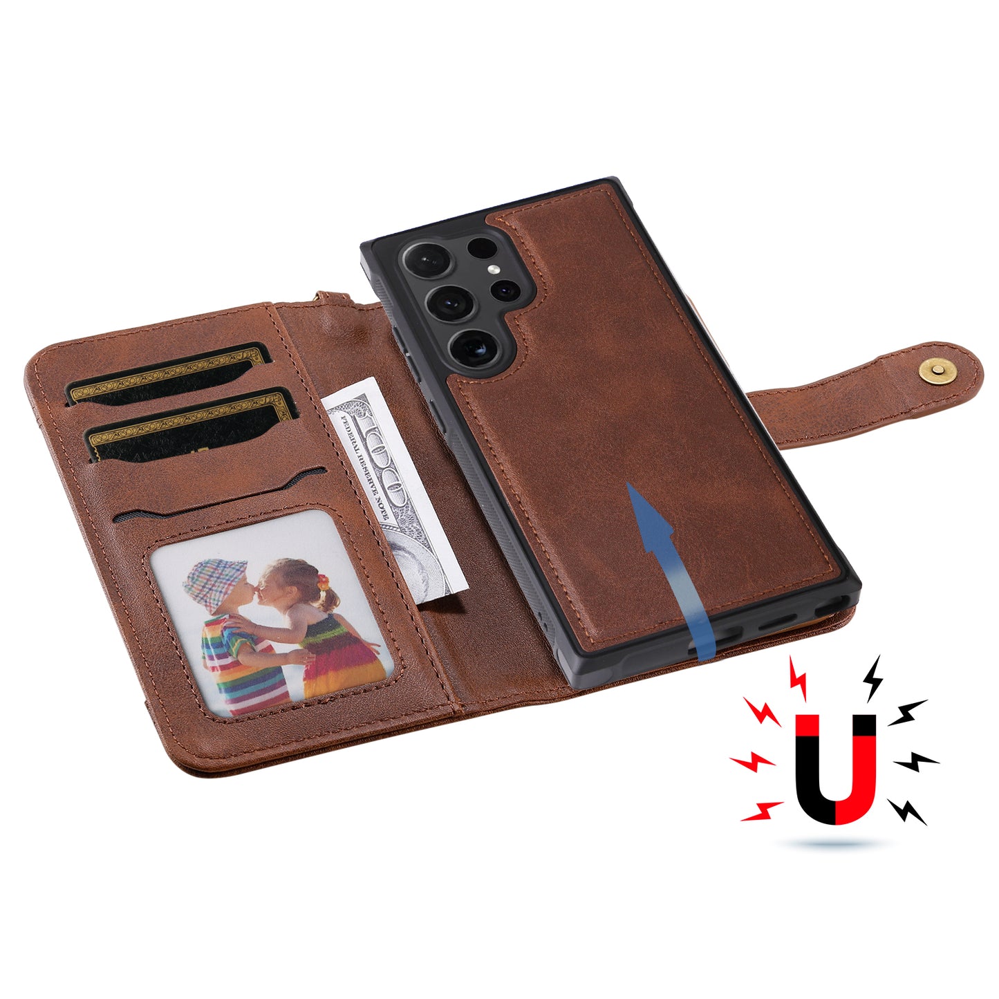 KT Leather Series-4 For Samsung Galaxy S24 Ultra Case 2-in-1 Detachable Stand Phone Cover - Coffee