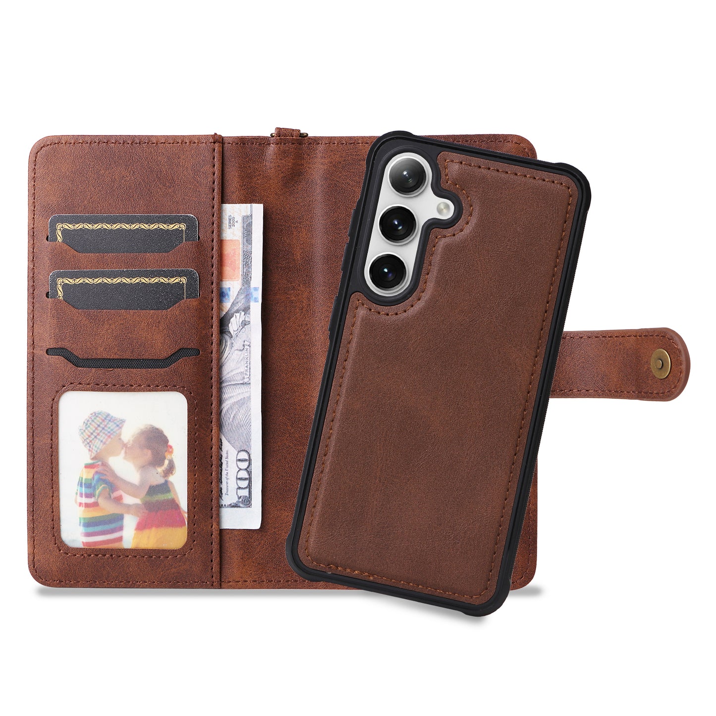 KT Leather Series-4 For Samsung Galaxy S24 Wallet Case 2-in-1 Detachable Flip Stand Phone Cover - Coffee