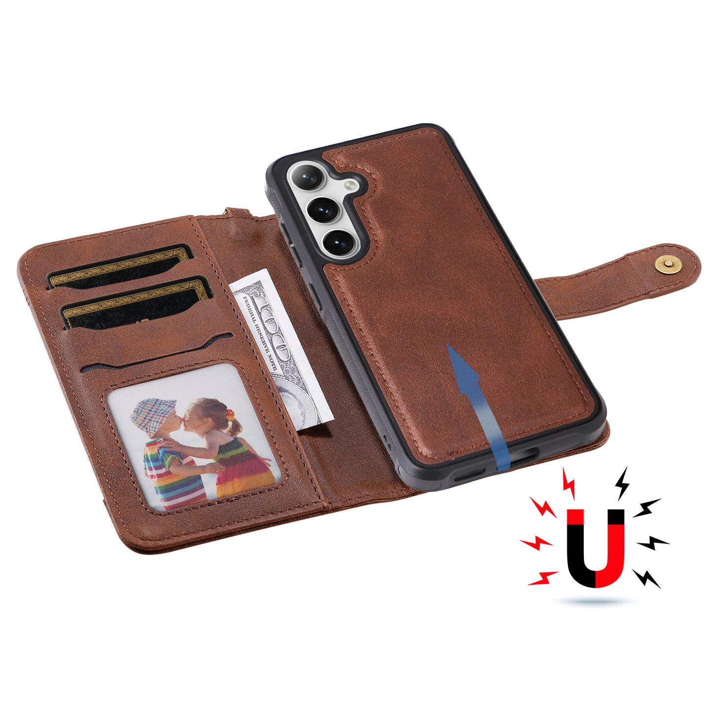 KT Leather Series-4 For Samsung Galaxy S24 Wallet Case 2-in-1 Detachable Flip Stand Phone Cover - Coffee